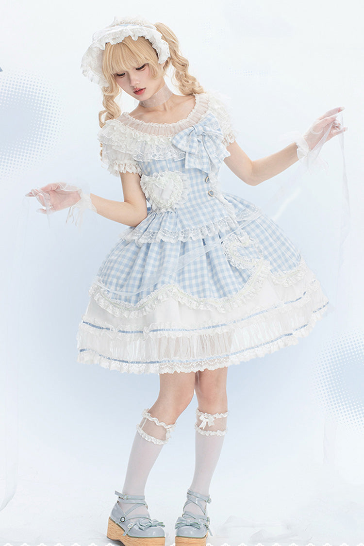 Tea Break Sweetheart Short Sleeve Plaid Print Ruffle Sweet Lolita Gown