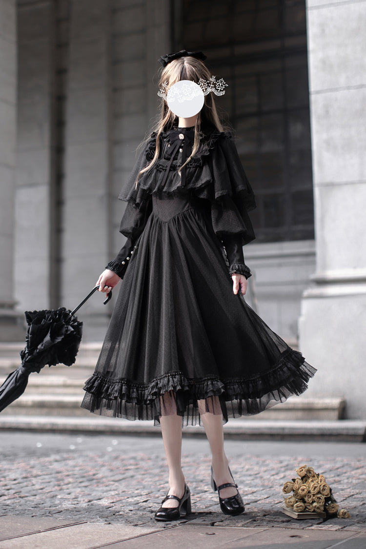 Black Enchanted Nightdream Long Sleeve Bowknot Lace Elegant Dress