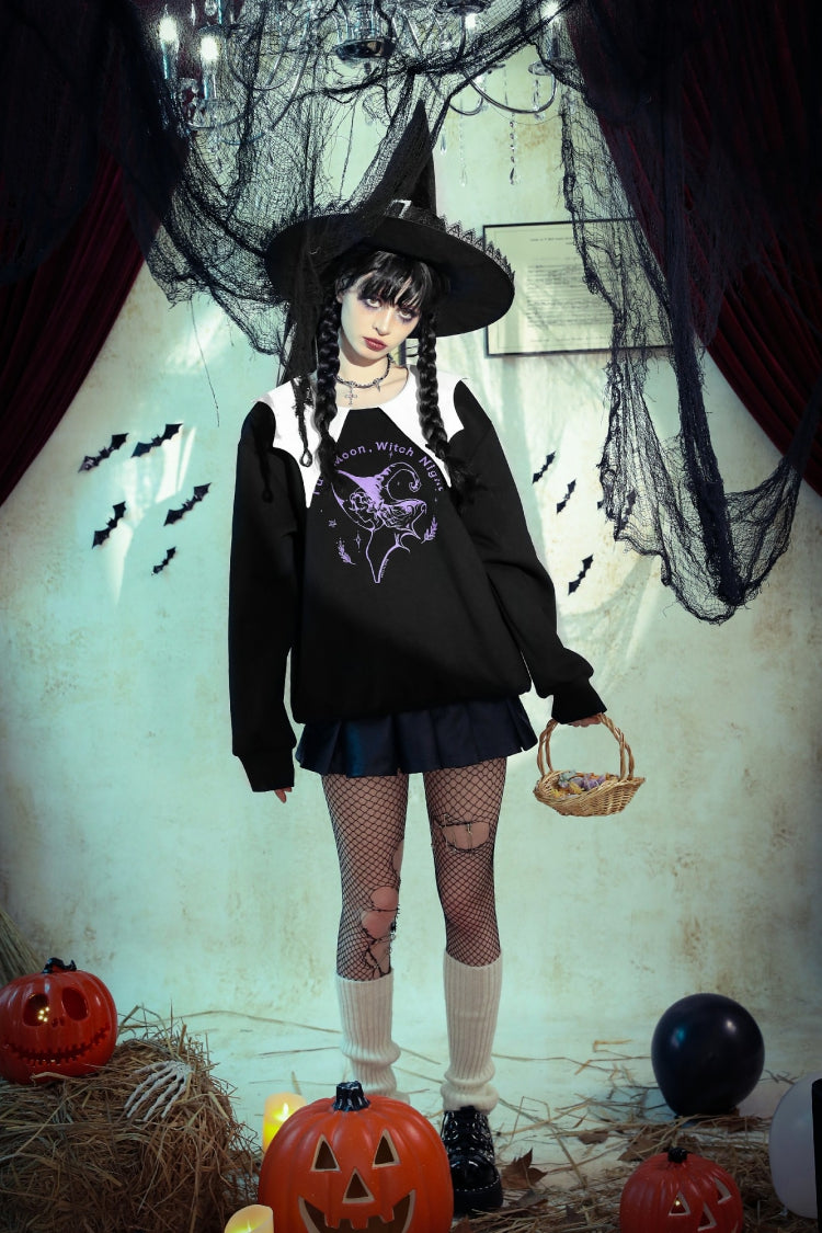 Monochrome Gothic Vintage Sweatshirt with Peter Pan Collar and Long Sleeves
