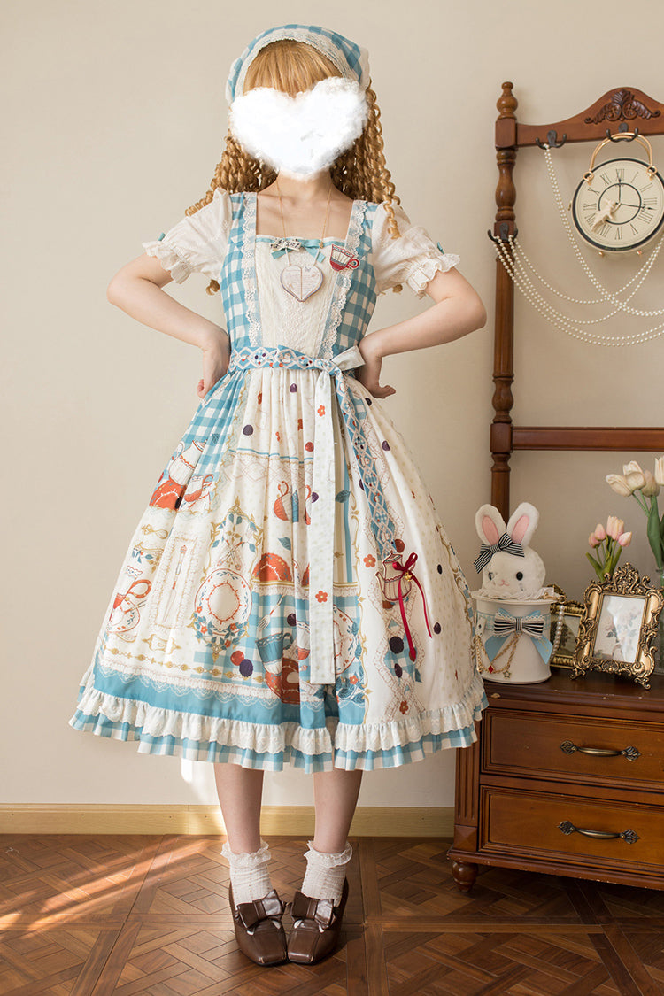 Tea Party Print Short-Sleeve Ruffle Bowknot Elegant Lolita Dress