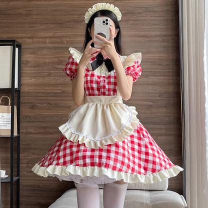 Sweet Bow Knot Ruffled Plaid Maid Dress