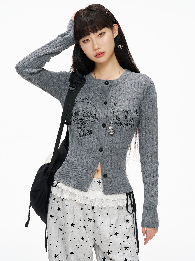 Grey Manga Girl Embroidery Slim-fit Cardigan