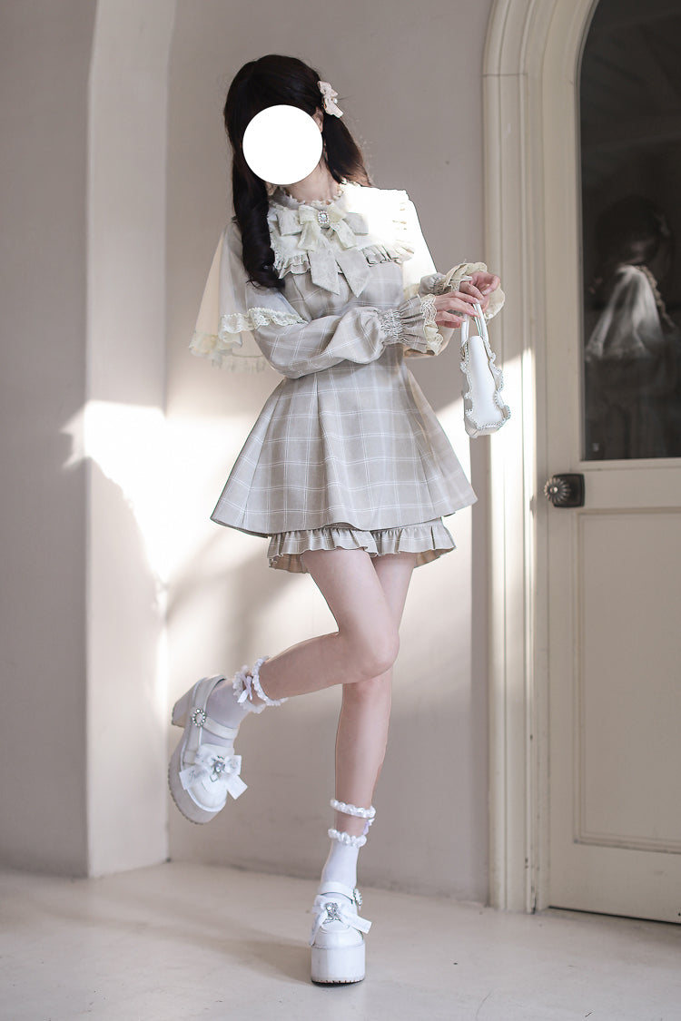 Light Brown Long Sleeve Plaid Print Ruffled Bow Jirai Kei Dress