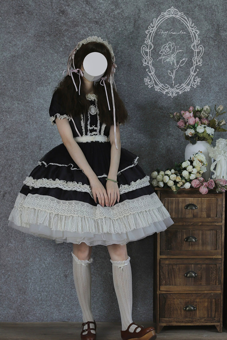Noir Square Neck Short Sleeve Lace Pearl Sweet Dress - Vintage Ball 3.0