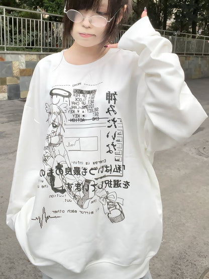 Jirai Kei White Round Neck Graphic Sweatshirt Yami Kawaii Top