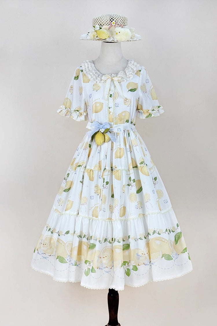 Print Ruffled Bow Lace Daily Sweet Lolita Dress - White Lemon Chicken