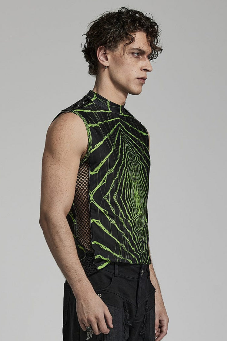 Steampunk T-Shirt with Halo Print, Sleeveless, Mesh and Rivets, 2 Colors