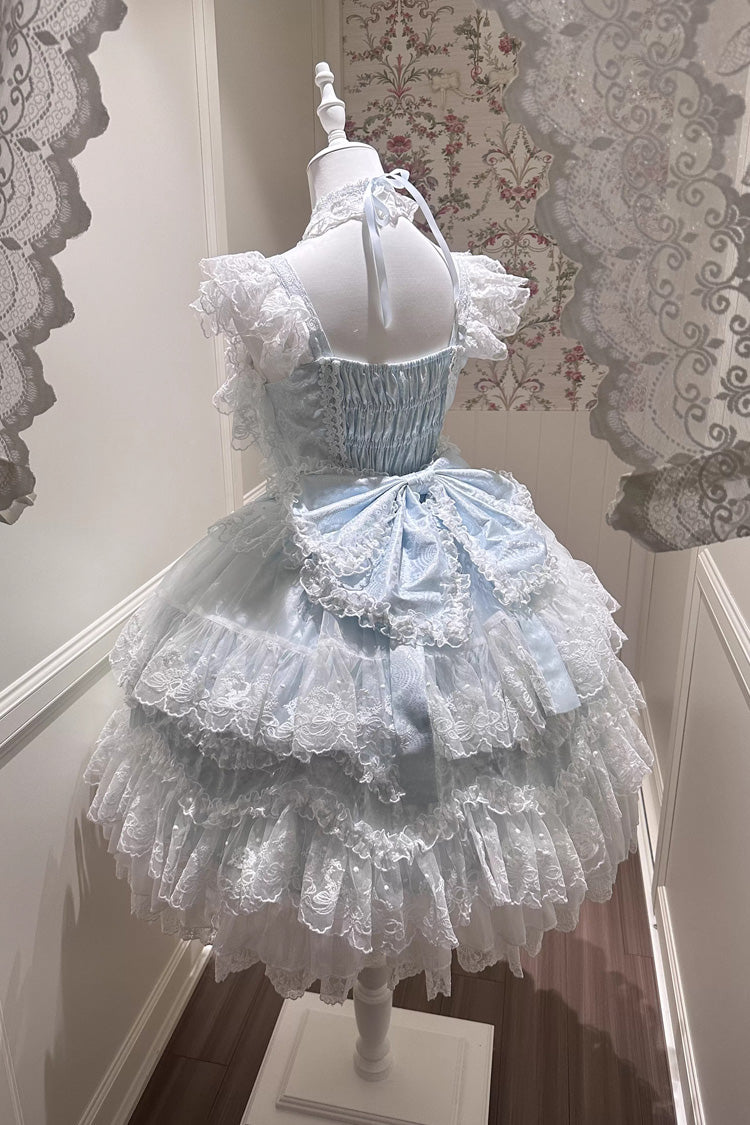 Blue Ruffled Hanayome Bow Lace Sweet Princess Lolita Jsk Dress - Sakura Dream Romance