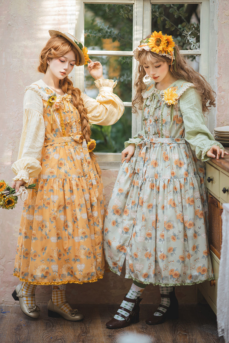 Green Sunflower Sleeveless Floral Bow Elegant Jsk Dress