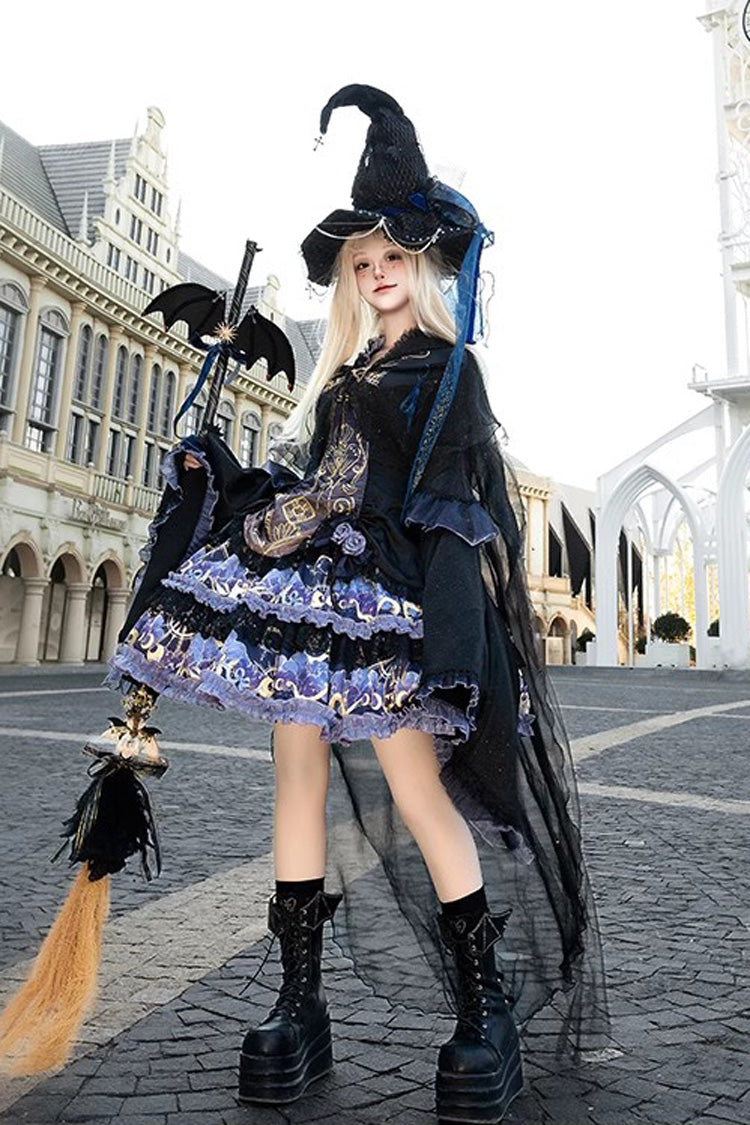 Black Astrology Cat Long Sleeve Double-Layered Lace Gothic Dress