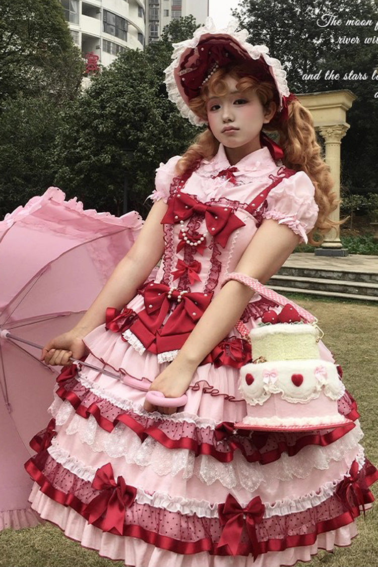 Ribbon Berries Sleeveless Multi-Layered Ruffled Bow Lace Sweet Lolita JSK Dress - Red