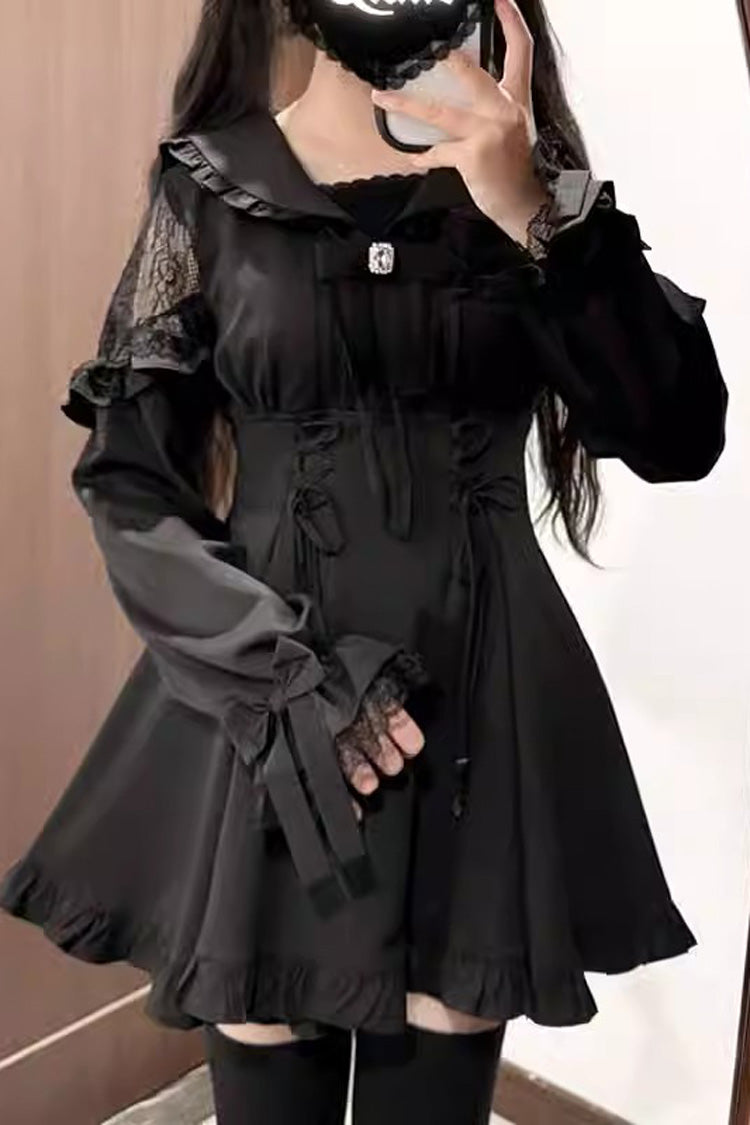 Noir Long Sleeve Ruffle Stitched Lace-Up Jirai Kei Set - Truffle Forest