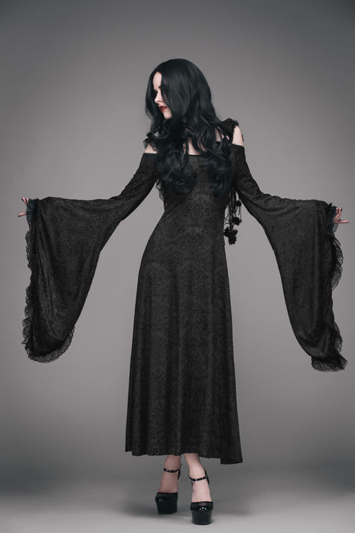 Gothic Oversized Cuffs Stretchy Floral Off-Shoulder Hooded Maxi Dress