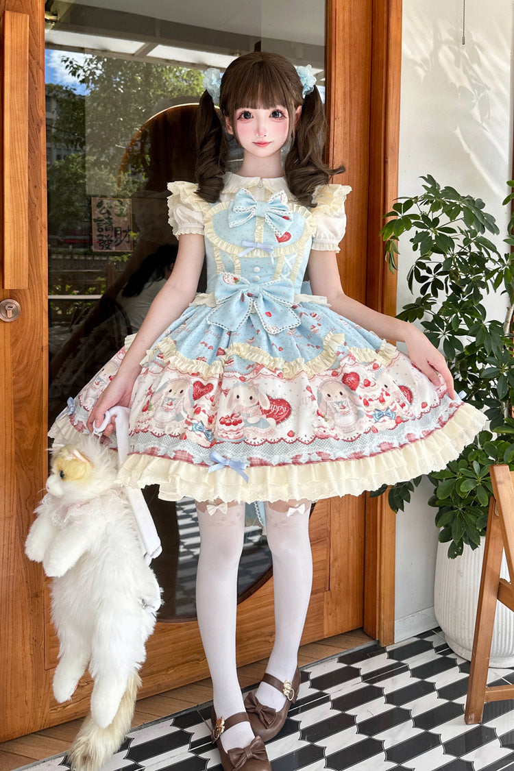 Blue [Cute Rabbit Party] Sleeveless Double-Layered Printed Ruffled Bow Sweet Lolita Jsk Dress