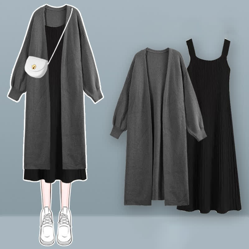 Chic Knit Cardigan Outerwear Slip Dress Set