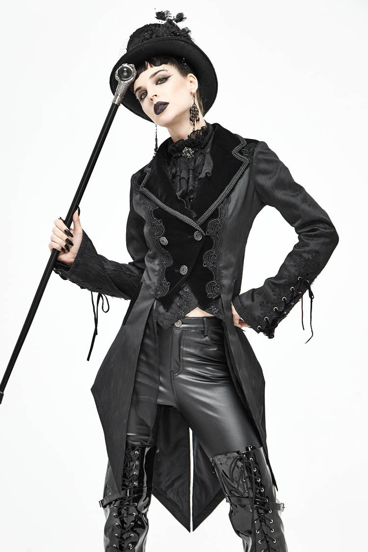 Women's Gothic Coat in Black with Decals, Metal Button Lace-Up Cuffs & Striped Jacquard