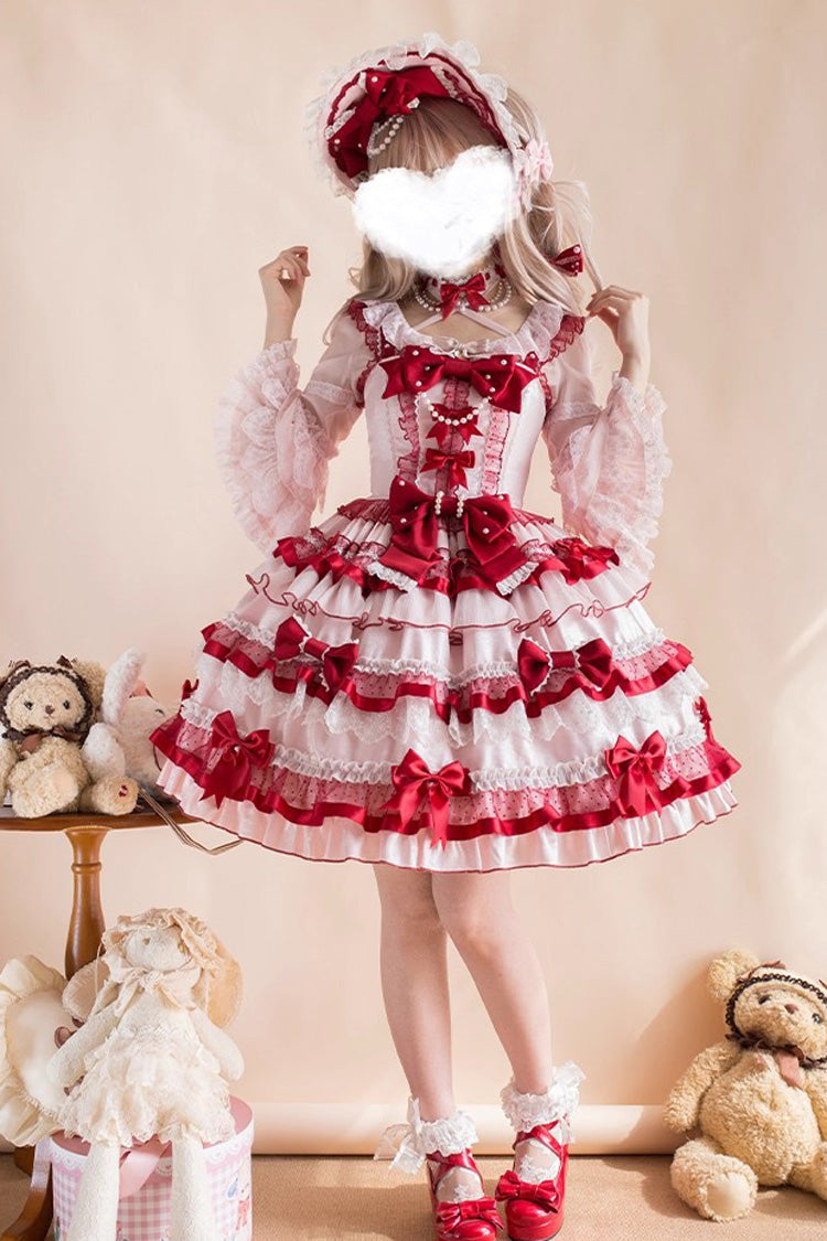 Ribbon Berries Sleeveless Multi-Layered Ruffled Bow Lace Sweet Lolita JSK Dress - Red