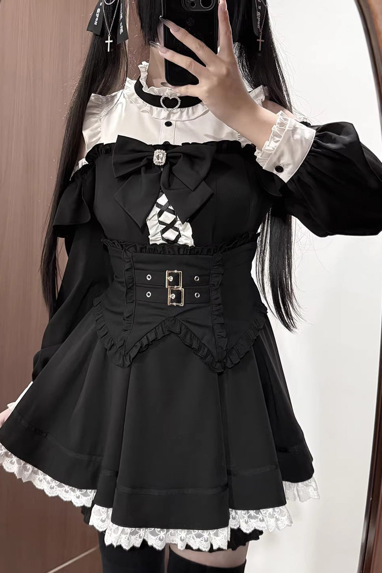 Monochrome Off-Shoulder Jirai Kei Dress Set with Ruffled Long Sleeves