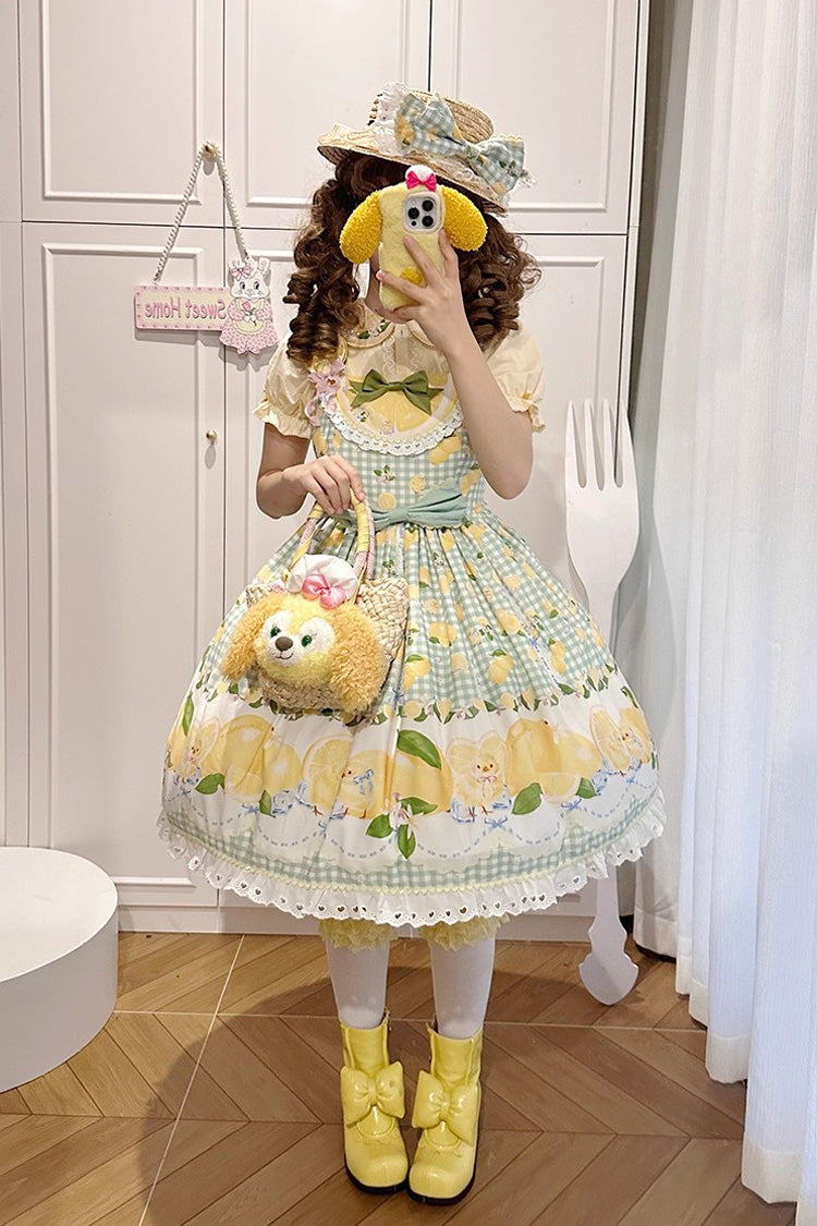 Verdant Printed Ruffle Bow Lace Sweet Jumper Dress - Lemon Chicken