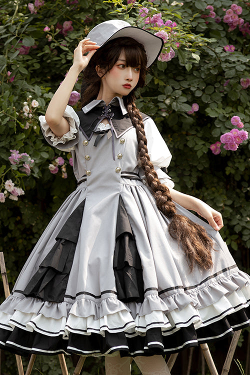 Ash High-Waisted Layered-Hem Ruffled Round-Collar Lolita Gown