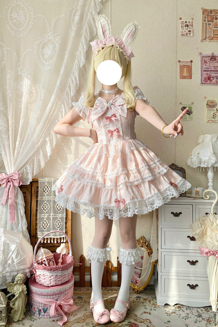 Rose Mist Cherry Multi-Layer Bow Lace Lolita Jumper - Sweet Mist Cherry Romance