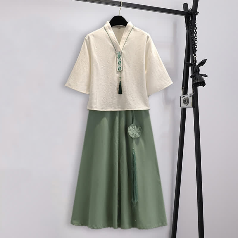 Vintage Hanfu Embroidery Tassel Shirt Skirt Set