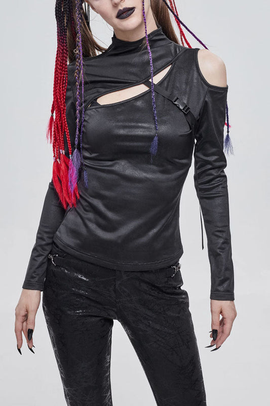 Knit Chest Cutout Buckle-Strap Long-Sleeve Punk Top