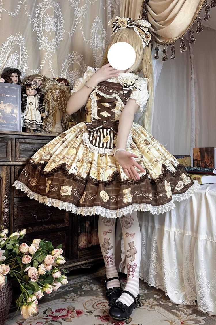 Doll Tea Party Sleeveless Printed Ruffle Bow Corset Sweet Lolita JSK Dress in Three Shades