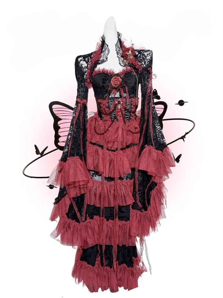 Black&Red Gothic Set- Cami Top+Lace Bell Sleeves Bolero Beaded Chain Tiered Skirt