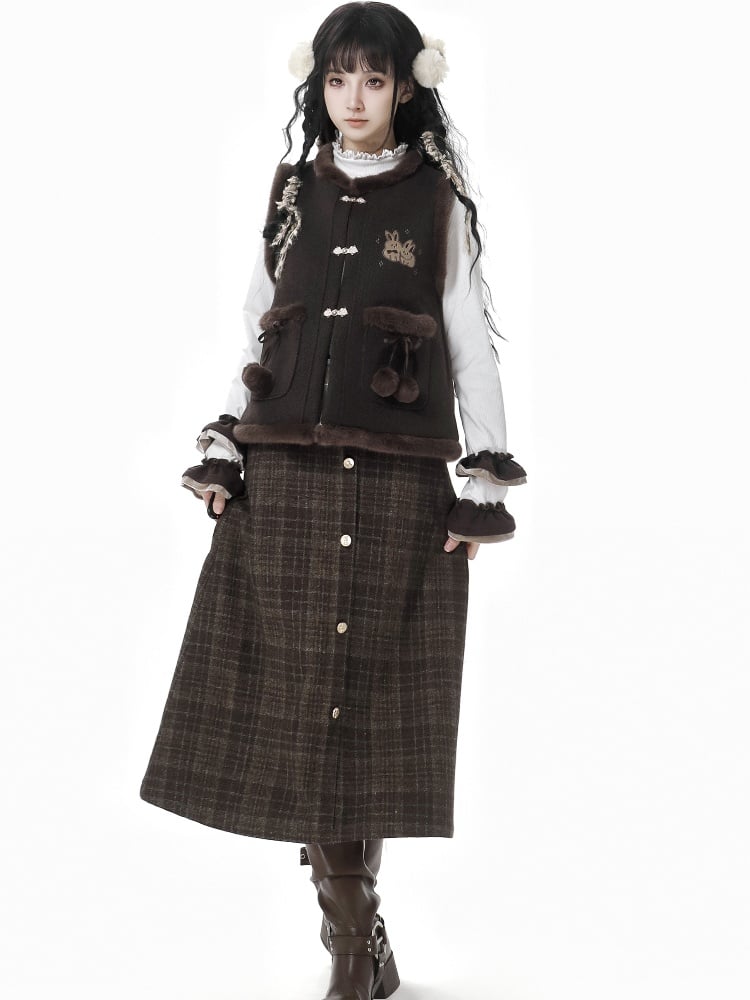 Brown Plaid Rabbit Button Midi Length Skirt