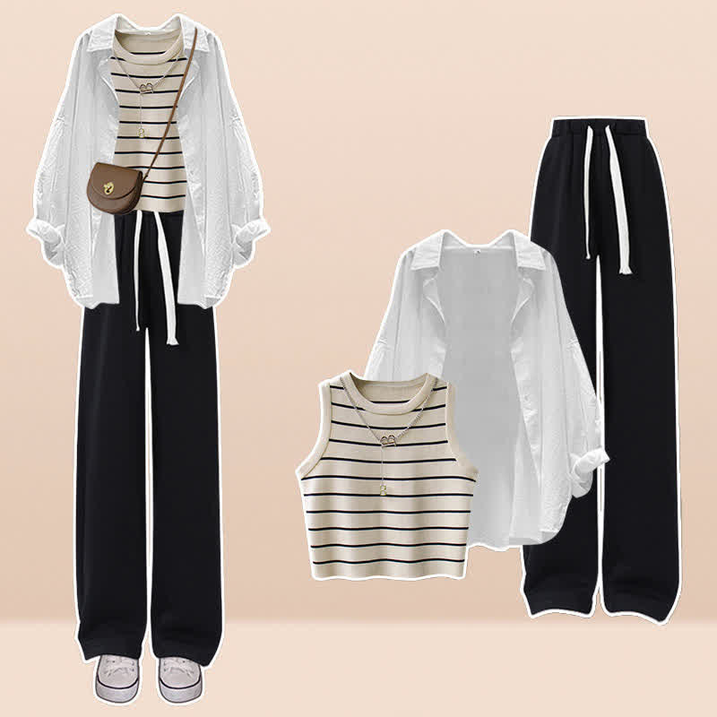 Chic Stripe Cami Top Long Sleeve Shirt High Waist Casual Pants