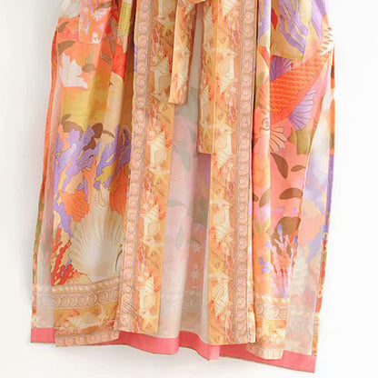 Floral Peacock Mermaid Print Robe Long Cardigan Outerwear