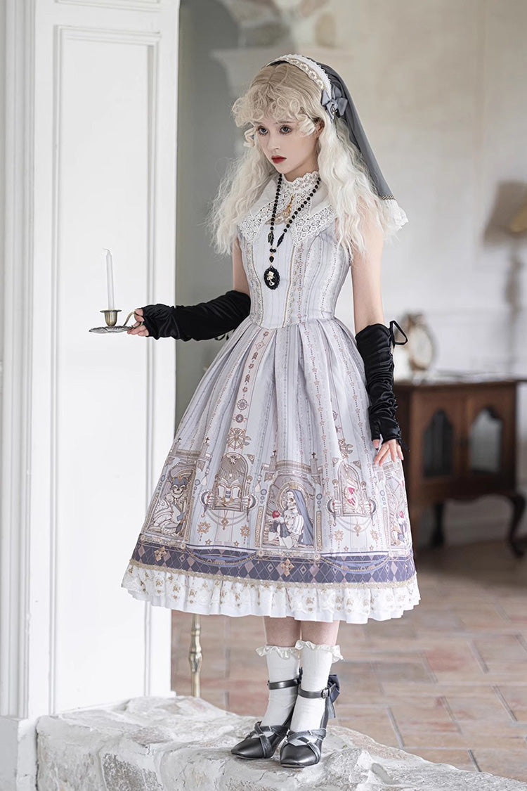 Printed Jumper Dress with Ruffles - Sweet Gothic Lolita