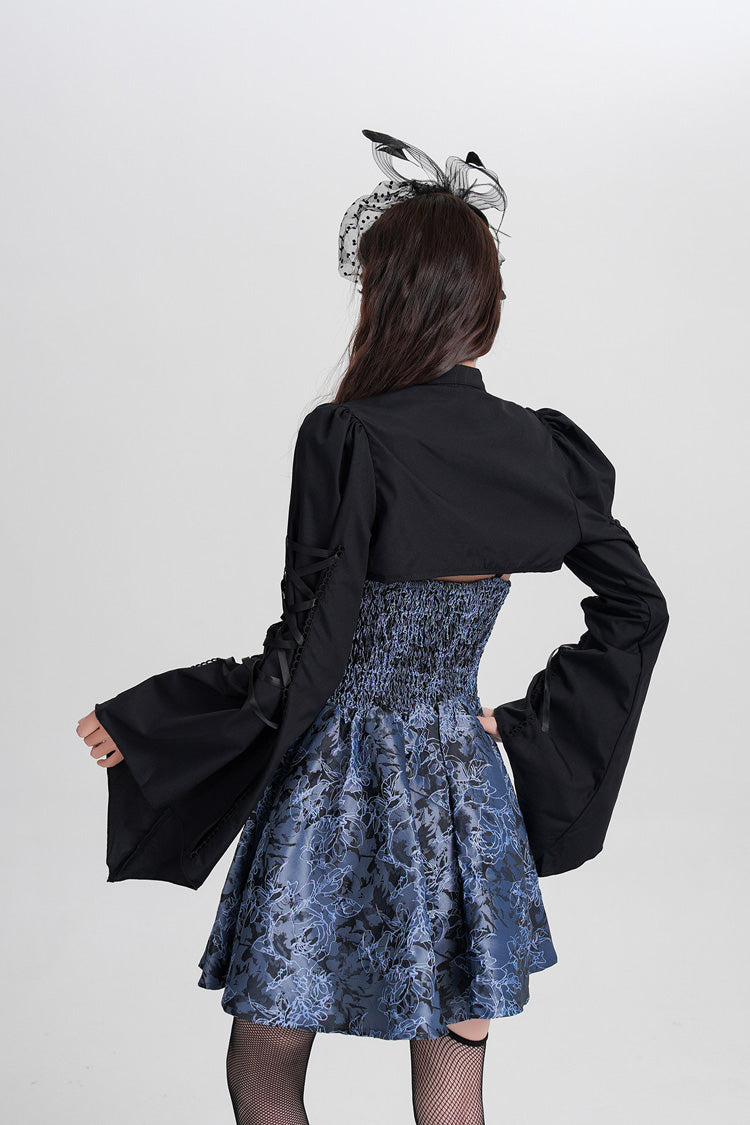 Blue Sleeveless Jacquard Printed Spliced Lace-Up Gothic Vintage Lolita Jsk Dress