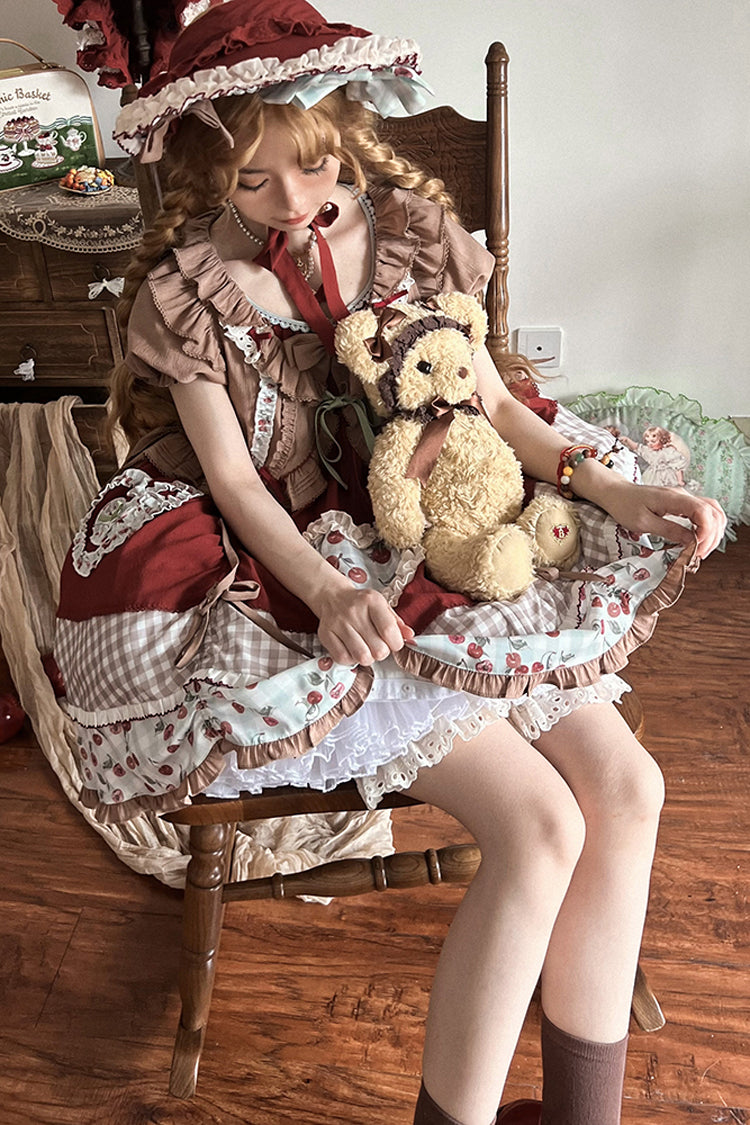 Cherry Print Multilayer Ruffle Embroidery Sweet Lolita Dress