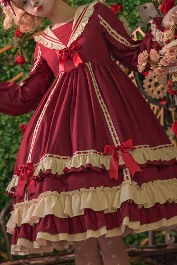 Classic Lolita OP Dress - Long Sleeves High Waist Ruffled Bowknot