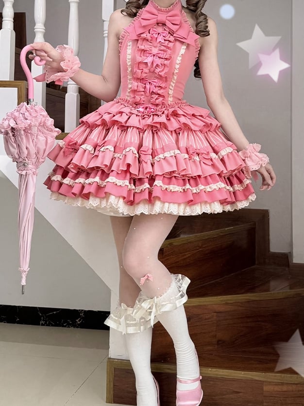 Pink Rose Halter Ruffle Skirt Neck Sweet Bow Lolita Idol Tiered Accents Dress