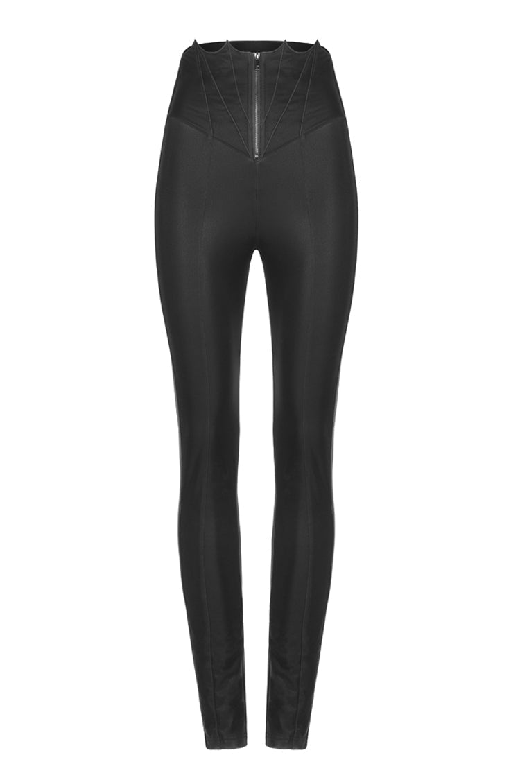 Punk Leather Pants with Bat Embroidery, Elastic Waist and Metal Zipper