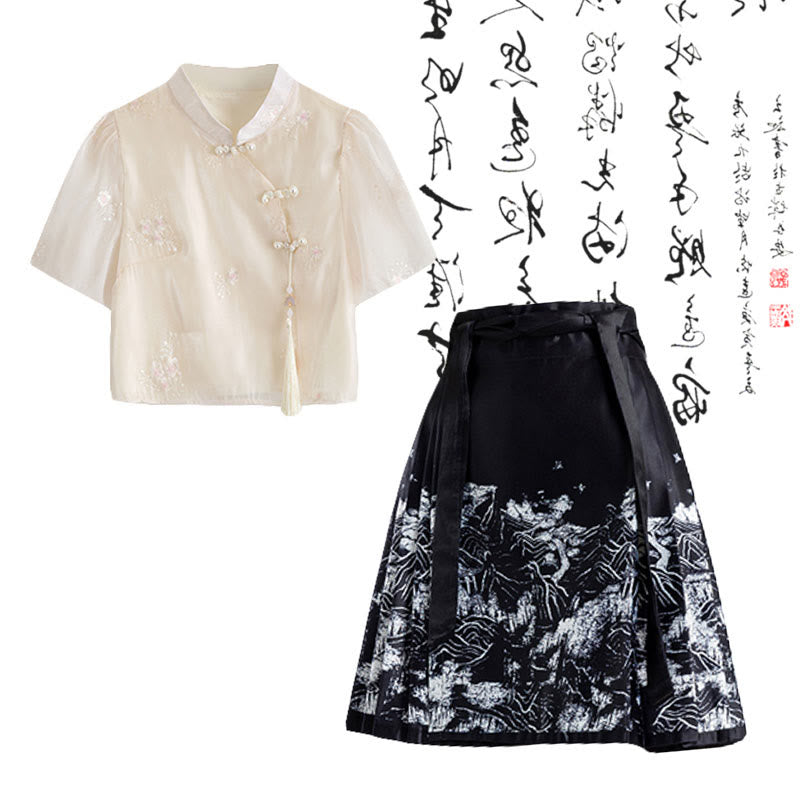 Vintage Buckle Tassel Embroidery Shirt High Waist Pleated Skirt