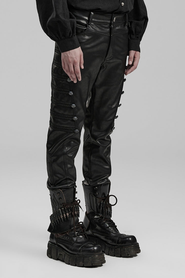 Black Buckle Faux Leather Steampunk Pants for Men