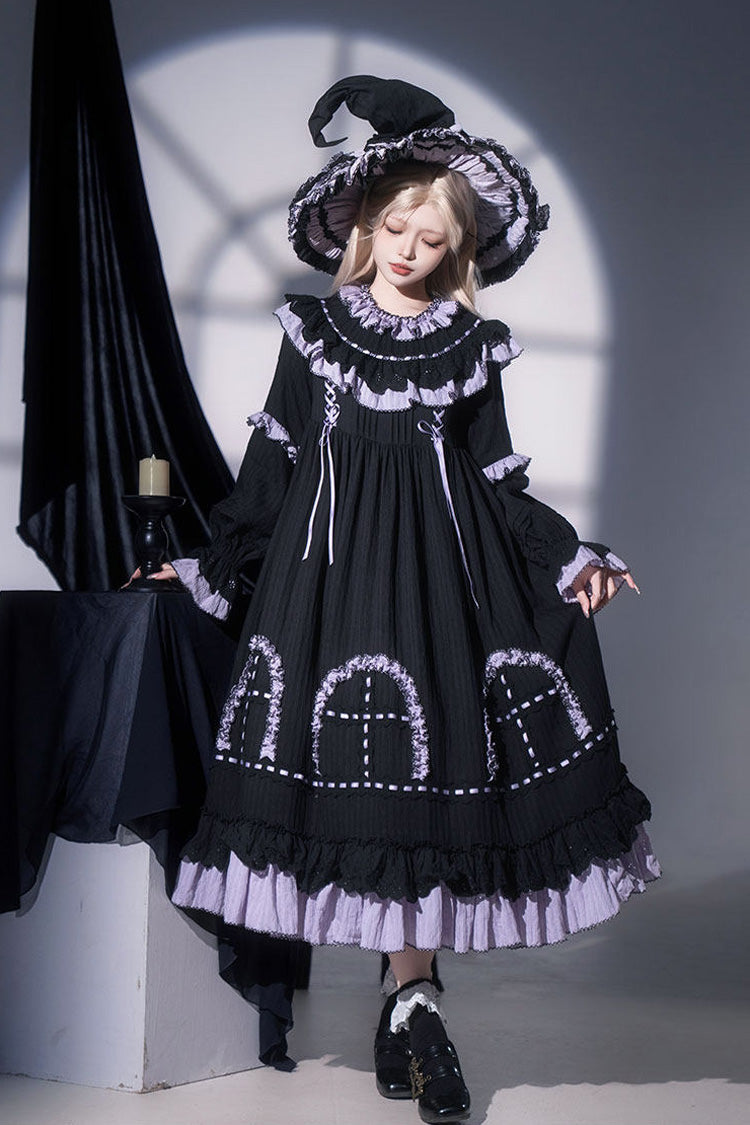 Noir Round Collar Long Sleeve Double Ruffle Lace-Up Dress - Twin Lilian