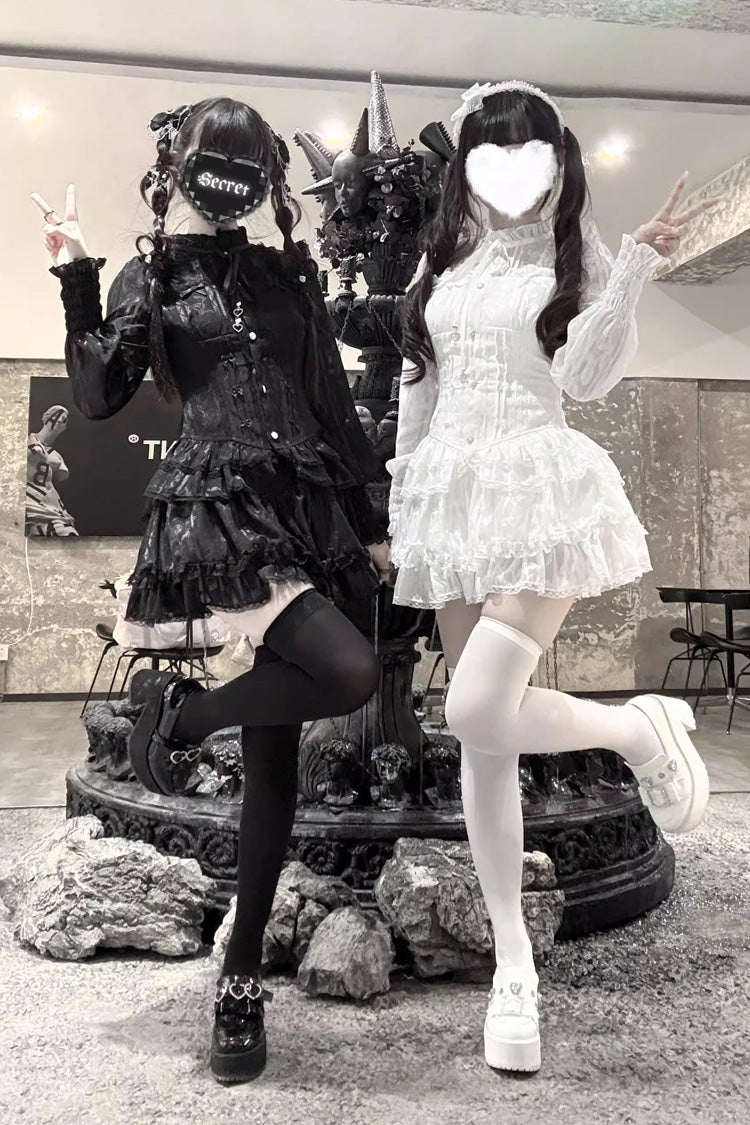 Triple-Layered Multi-Layered Jacquard Ruffled Lace-Up Gothic Jirai Kei Blouse and Pumpkin Shorts Set