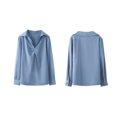 Elegant Pure Color Ruffled Satin Shirt Workwear