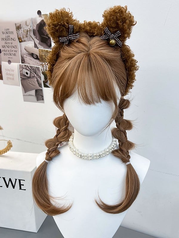 Wig Braided Brown Bangs Synthetic Full and With Ponytails Double