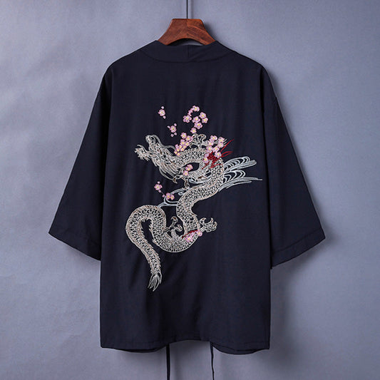 Black Dragon Chinese Embroidery Kimono Outerwear Sun Protective