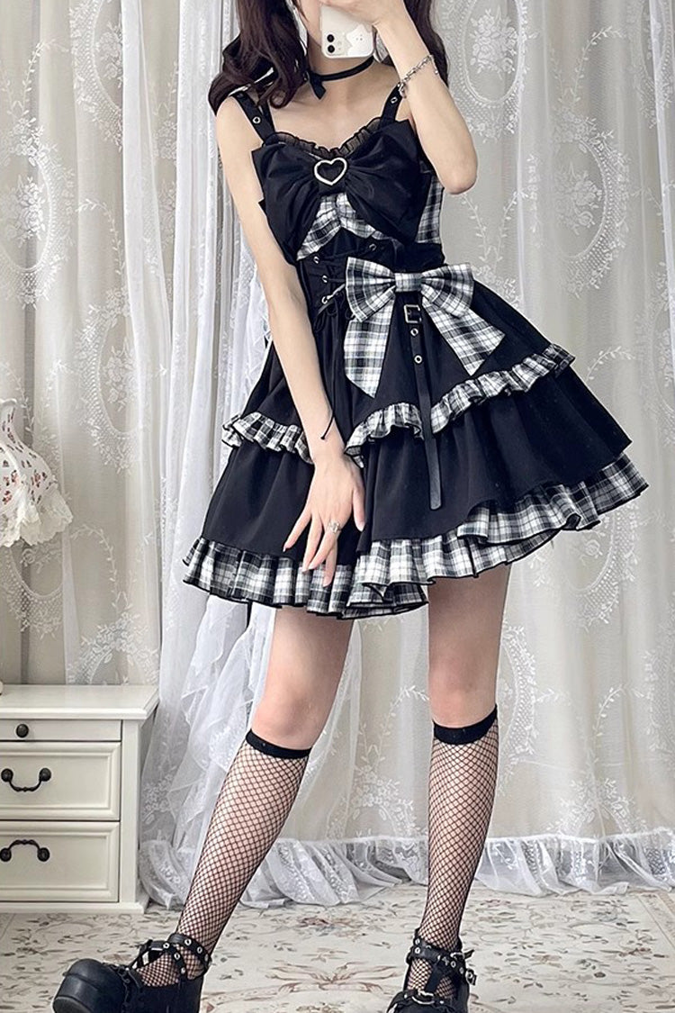 Monochrome Gothic JSK with Plaid, Leather Buckle, and Contrast Ruffles