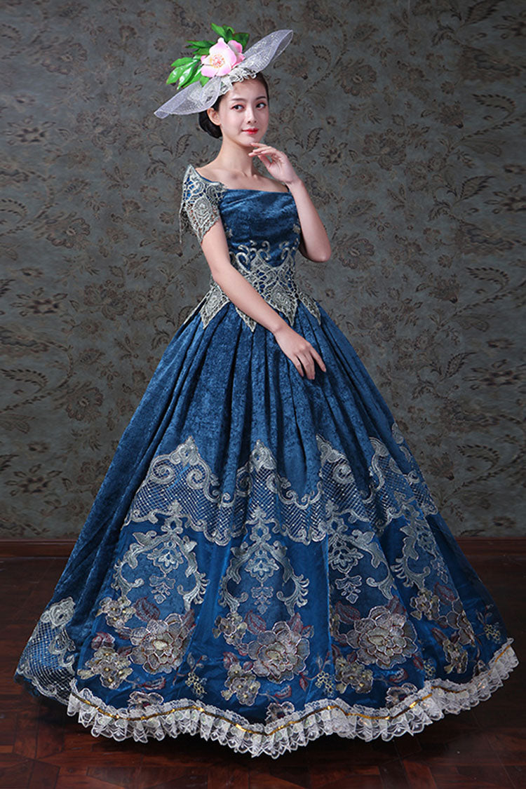 Blue Off-Shoulder Dress with Floral Embroidery - Victorian Lolita