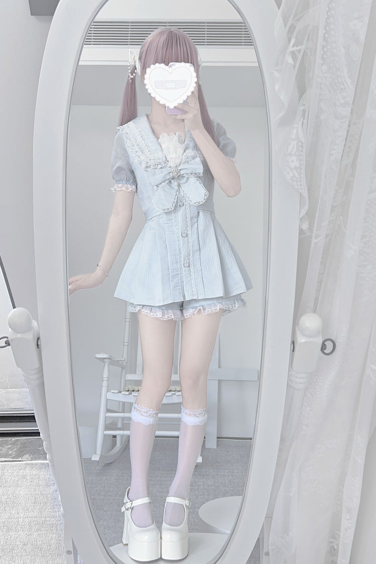 Aqua Short Sleeve Ruffled Bow Lace Sweet Jirai Kei Dress Set