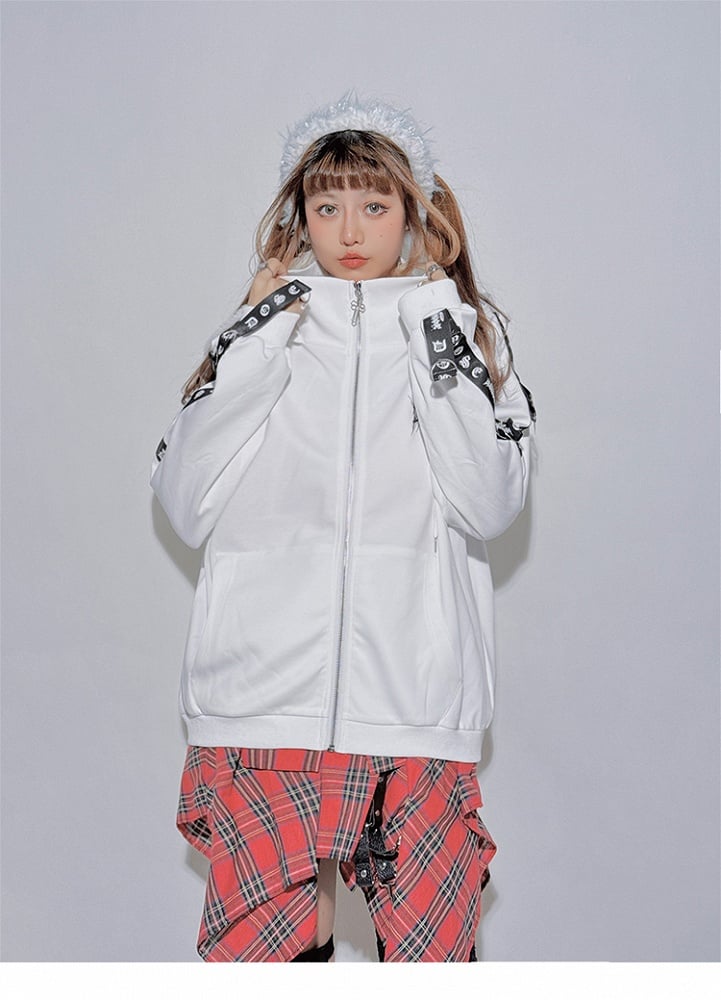 White Punk High-Neck Hooded Loose Jacket