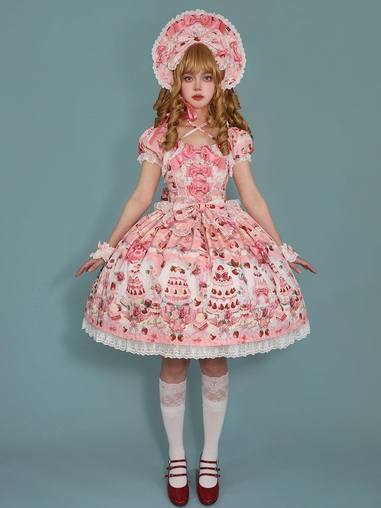 Print Strawberry Pink Sweet Accents Bow Set Full Dress Cake Lolita /